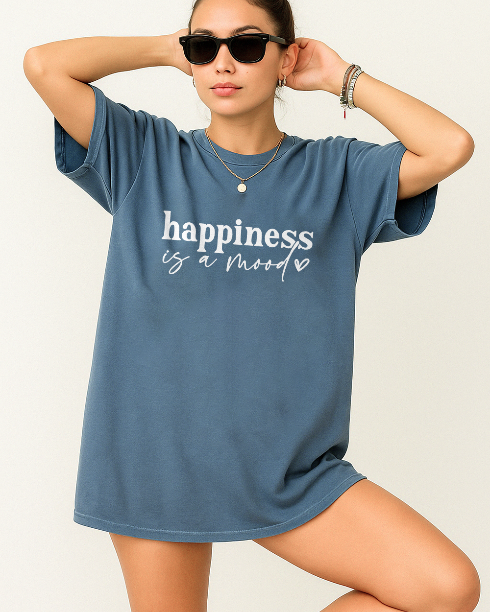 Blue Jean Comfort Colors 1717 shirt with “Happiness Is A Mood” quote, mental health positivity tee