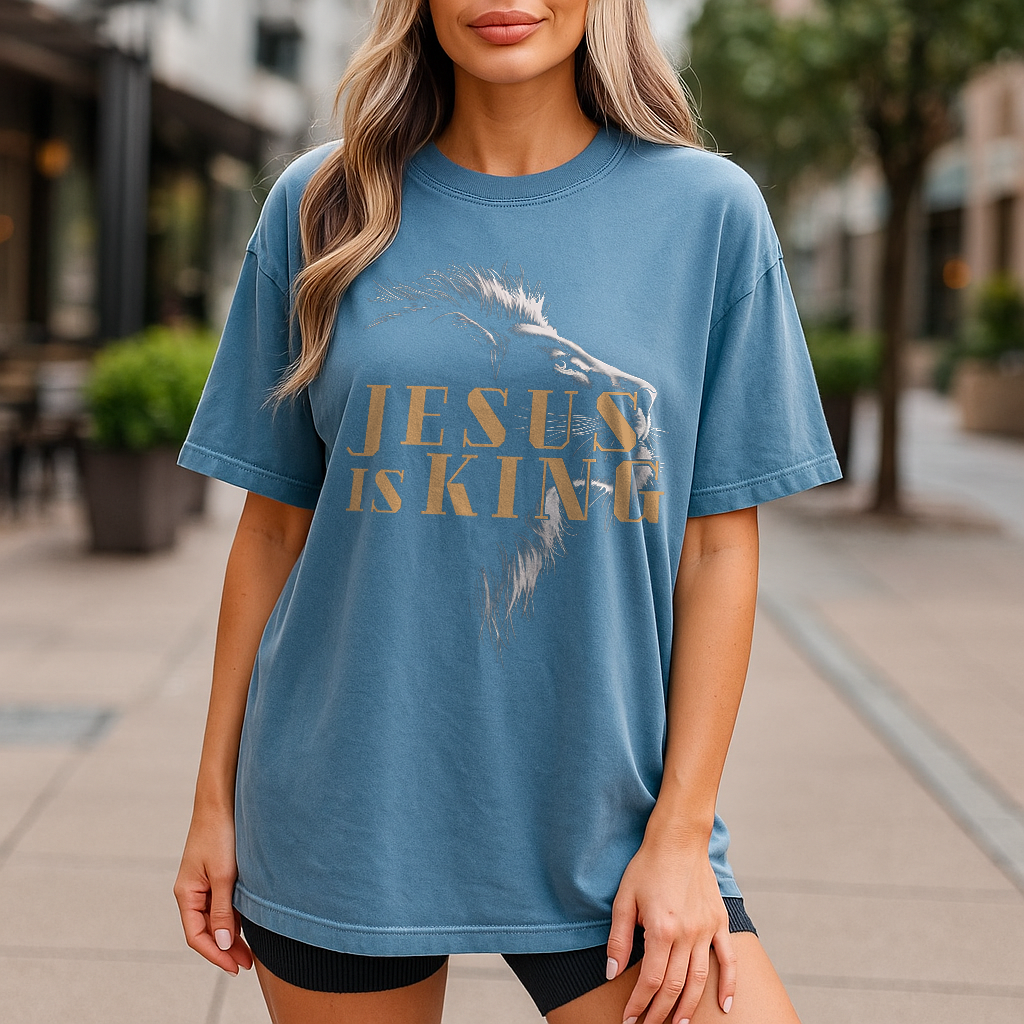 Jesus Is King Shirt in Blue Jean – Bold Faith Graphic Tee