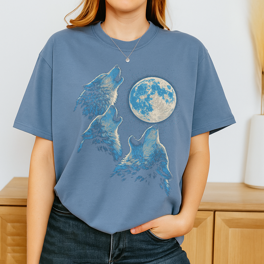 Blue Jean Comfort Colors t-shirt featuring a retro three wolf moon print