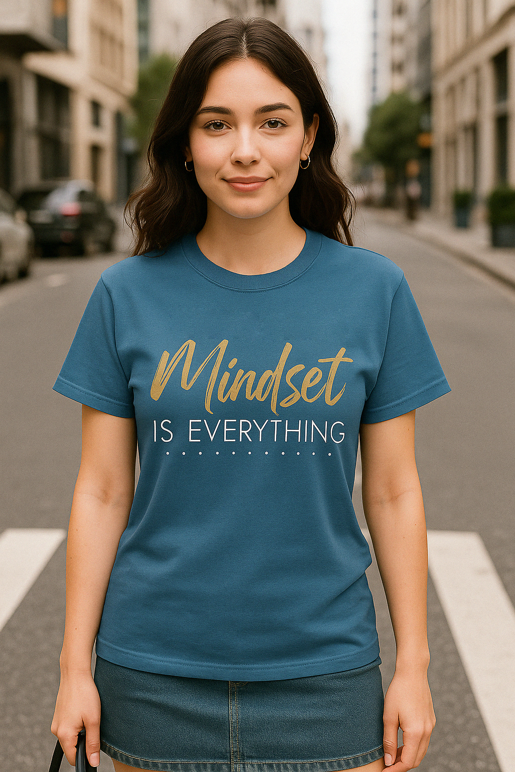 Blue Jean Comfort Colors shirt with motivational quote “Mindset Is Everything.” Styled with calm confidence on city street.