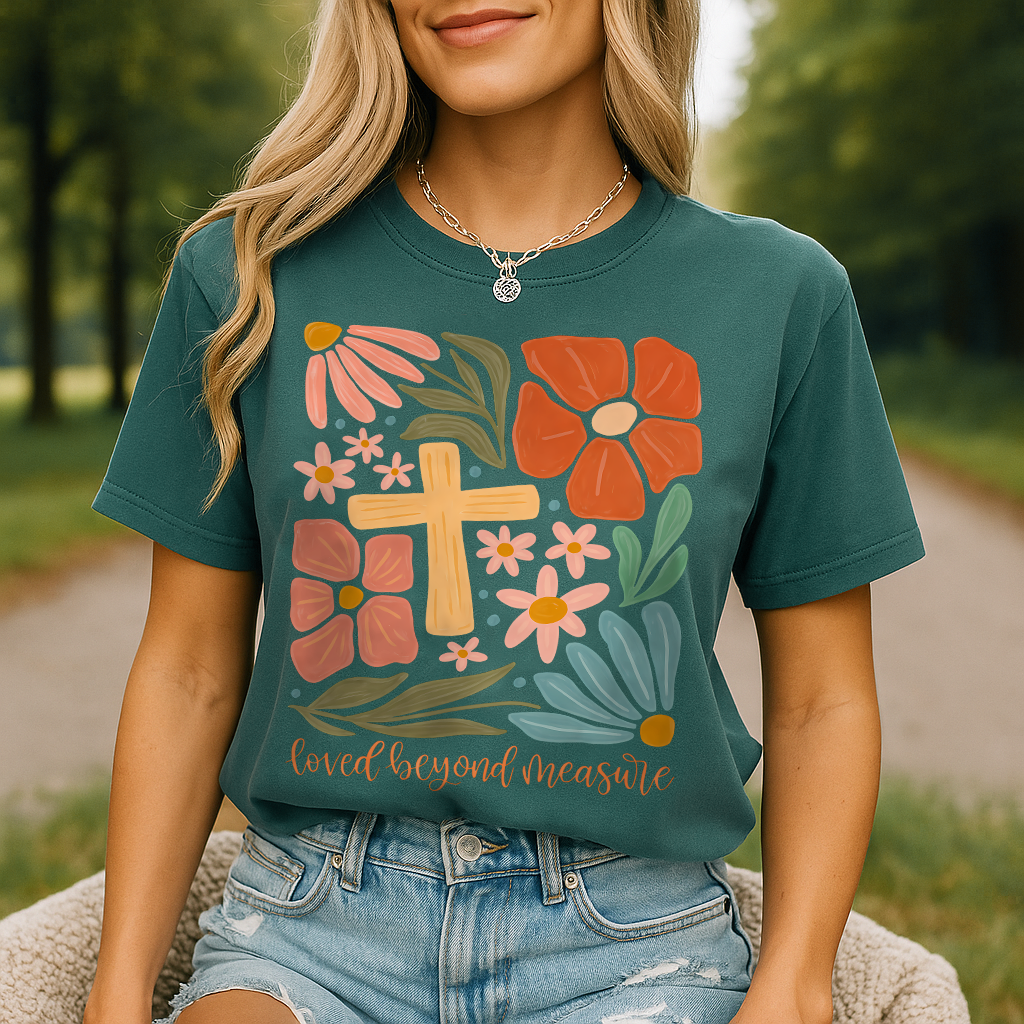 Woman modeling blue spruce “Loved Beyond Measure” religious tee with cross and floral art