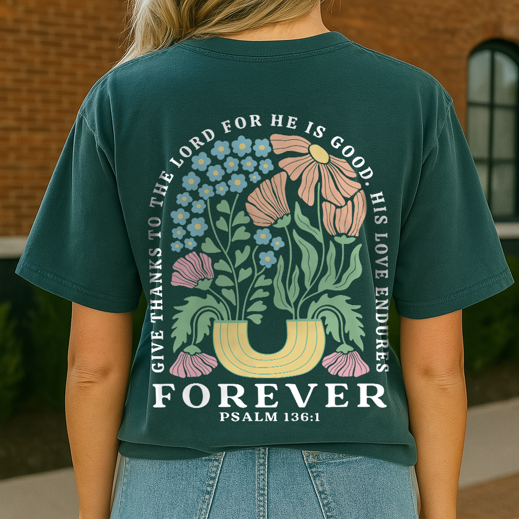 Faith-based graphic tee with flowers and scripture on back