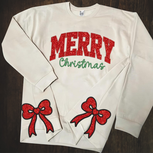 Breathable, soft Christmas sweatshirt with coquette bow applique