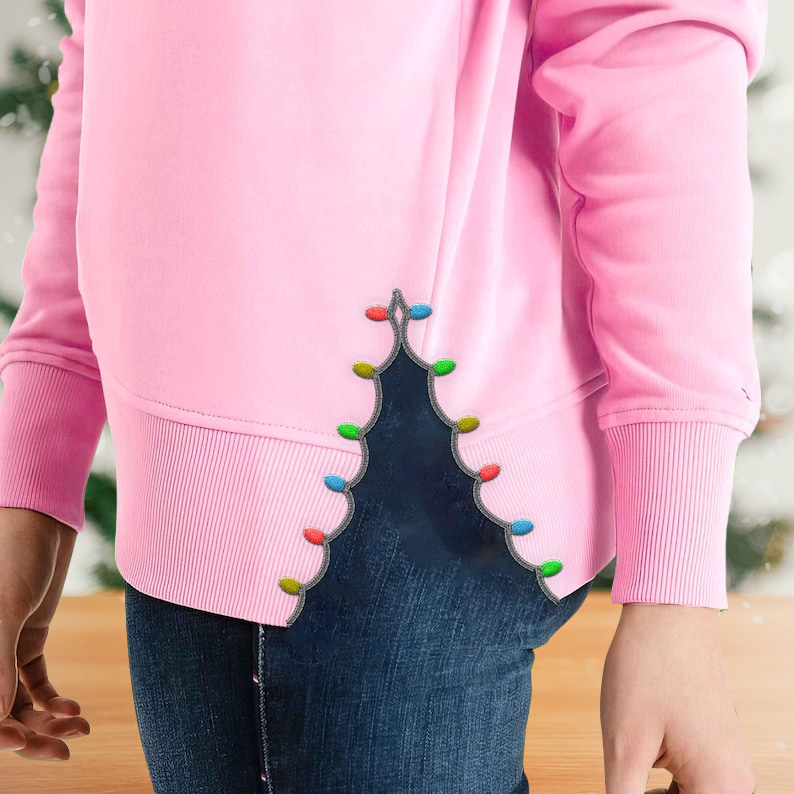 Side Bow Appliqué Christmas Sweatshirt | Customizable Embroidery, Festive Christmas Lights Design