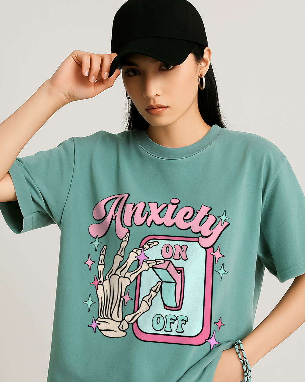 Blossom Comfort Colors 1717 shirt with “Anxiety On/Off” switch and skeleton hand graphic