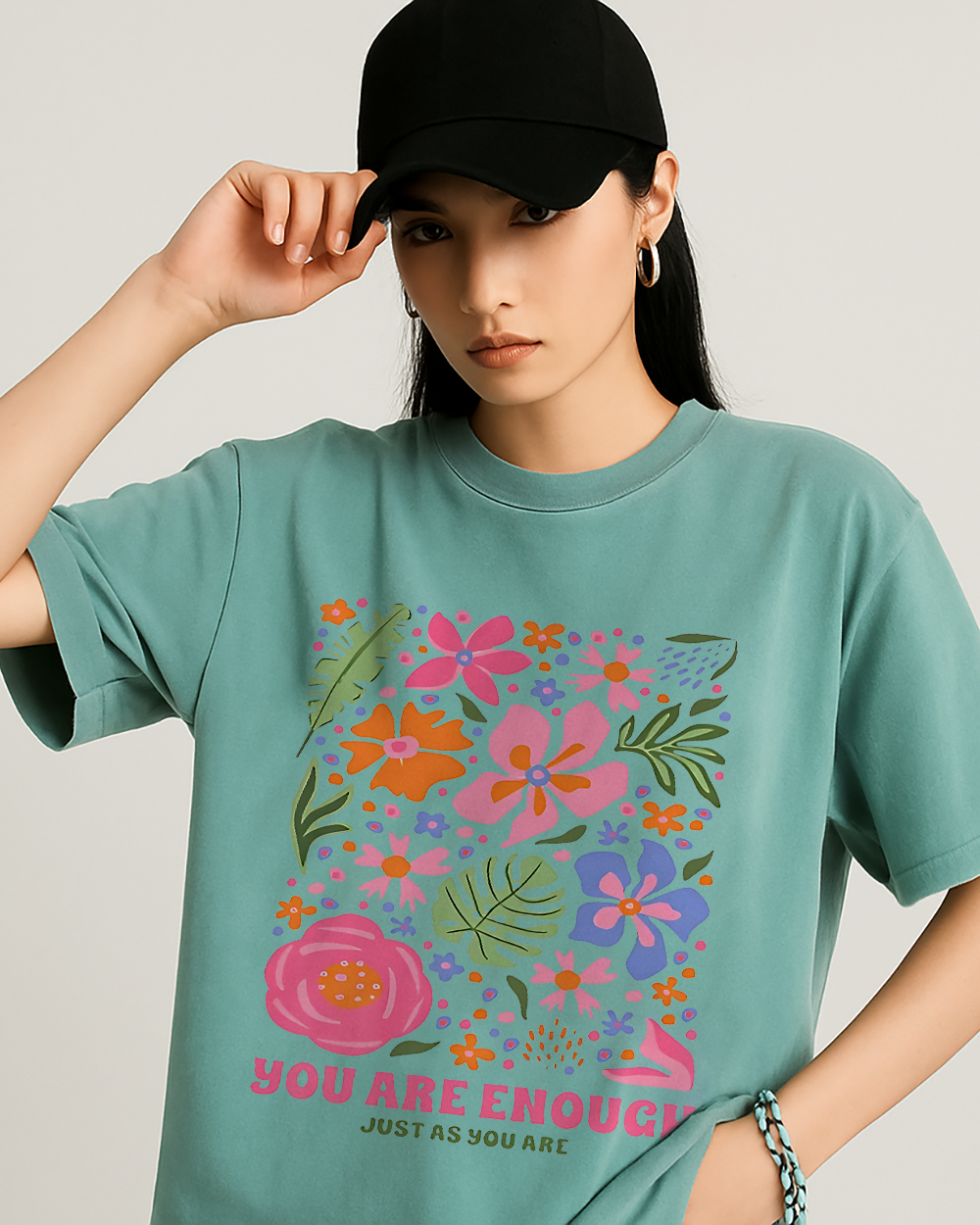 Chalky Mint Comfort Colors 1717 shirt with colorful flowers and “You Are Enough” message