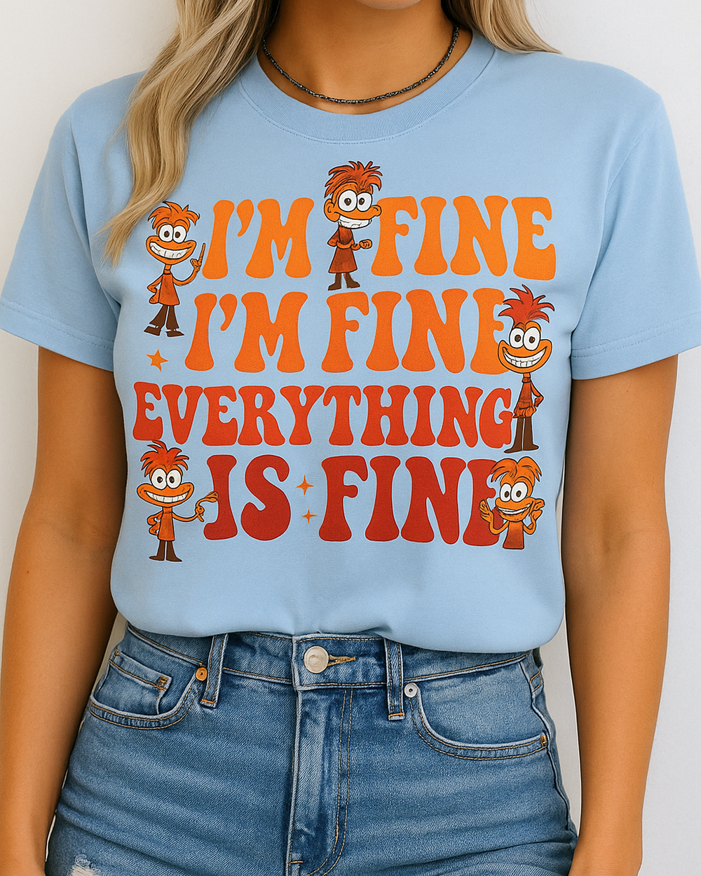 Blossom Comfort Colors 1717 shirt with “I’m Fine Everything Is Fine” retro anxiety quote and cartoon characters