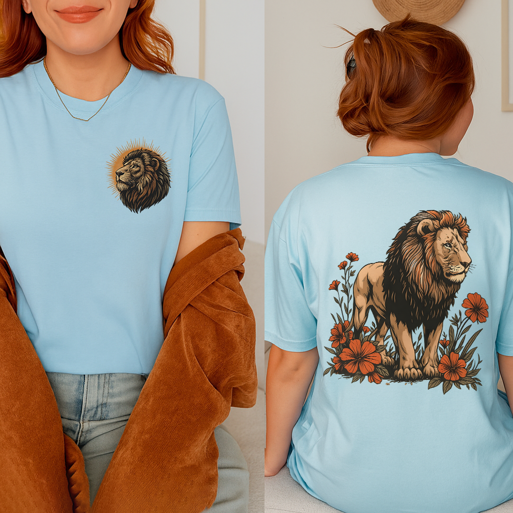 Soft pastel blue safari lion tee for calm strength vibes