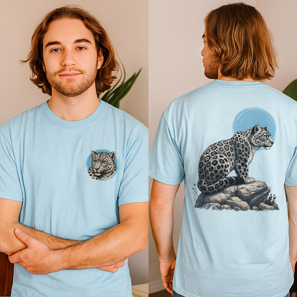 Light blue tee with detailed leopard and full moon artwork