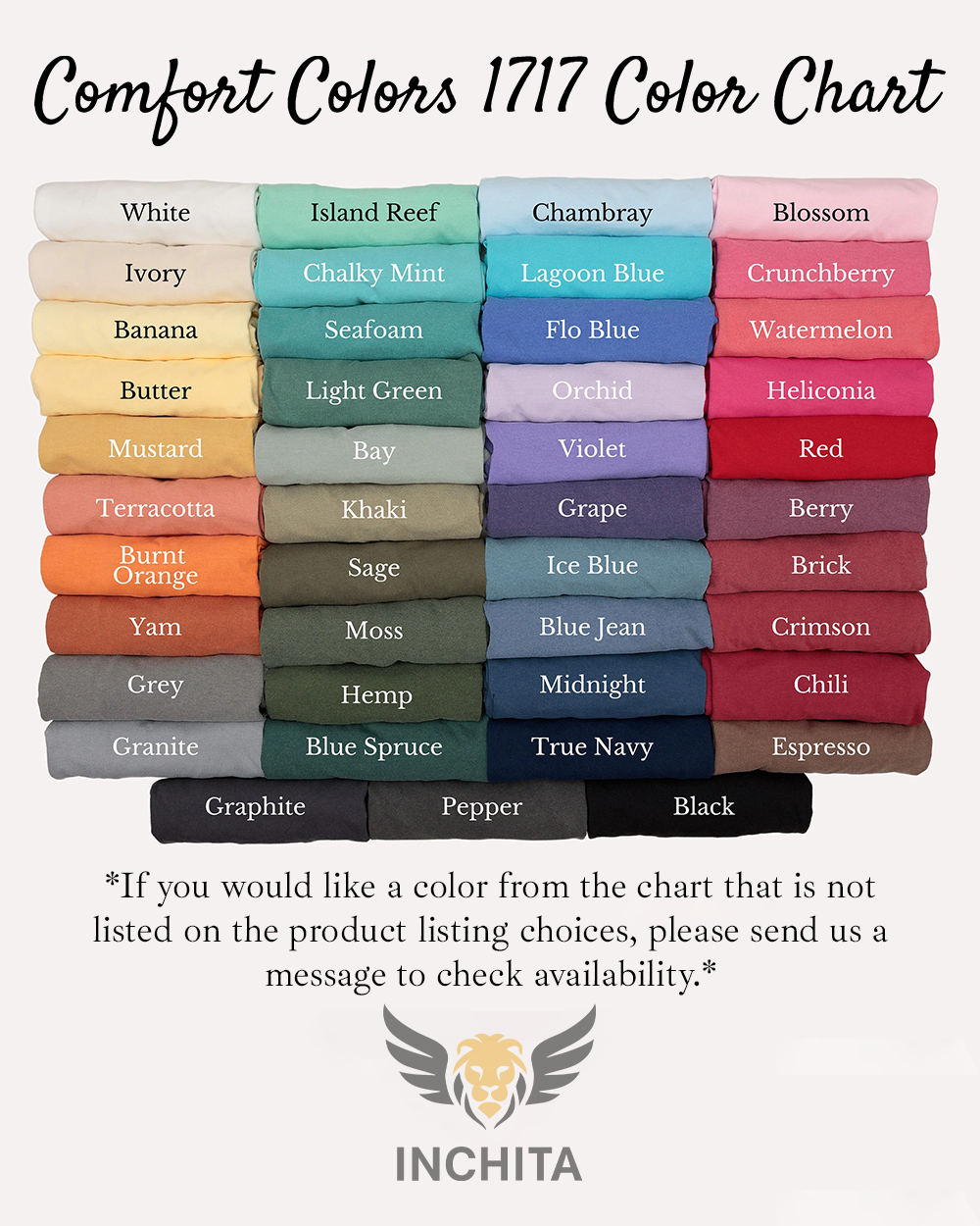 Color chart for Comfort Colors 1717 with various fabric swatches and INCHITA branding.