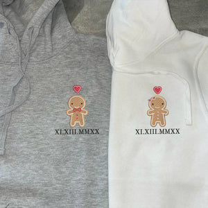 Couple Clothes Shirts Custom Roman Numeral Date Embroidery Hoodie, Cute Gingerbread Cookie Christmas Couple Shirts