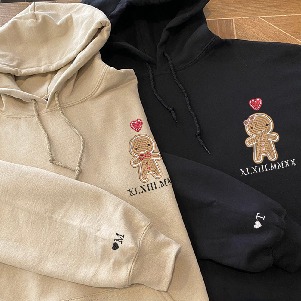Couple Clothes Shirts Custom Roman Numeral Date Embroidery Hoodie, Cute Gingerbread Cookie Christmas Couple Shirts
