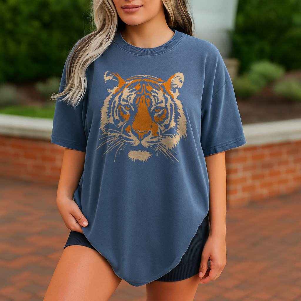 Denim Blue Wild Cat Graphic Tee with Retro Tiger Face