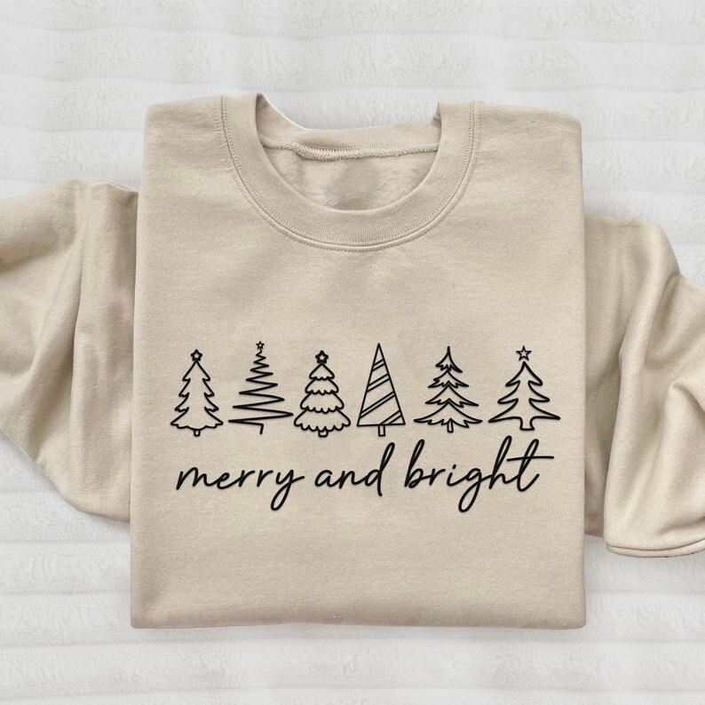 Merry and Bright Christmas Tree Sweatshirt with side bow applique for women