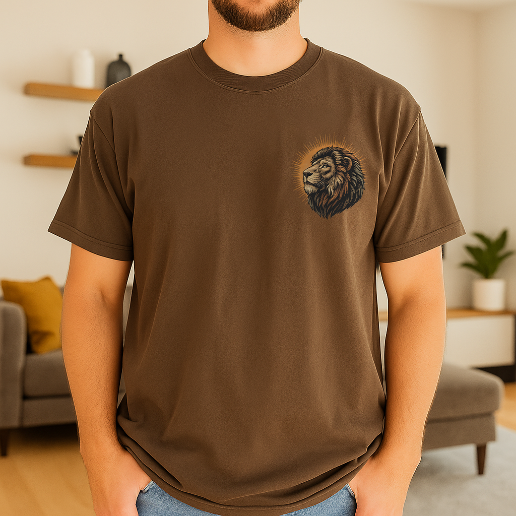 Earthy brown lion t-shirt with wild floral details