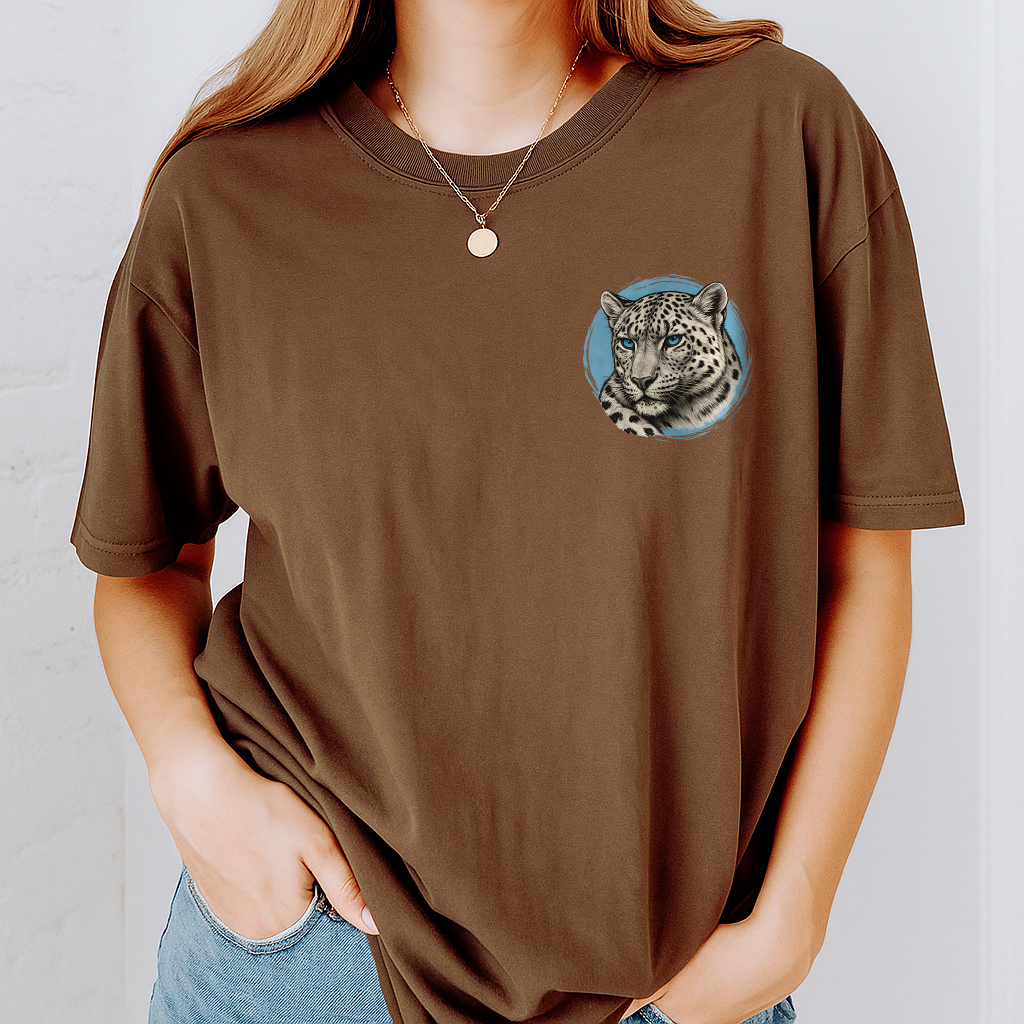 Brown snow leopard shirt with front portrait and nature back print