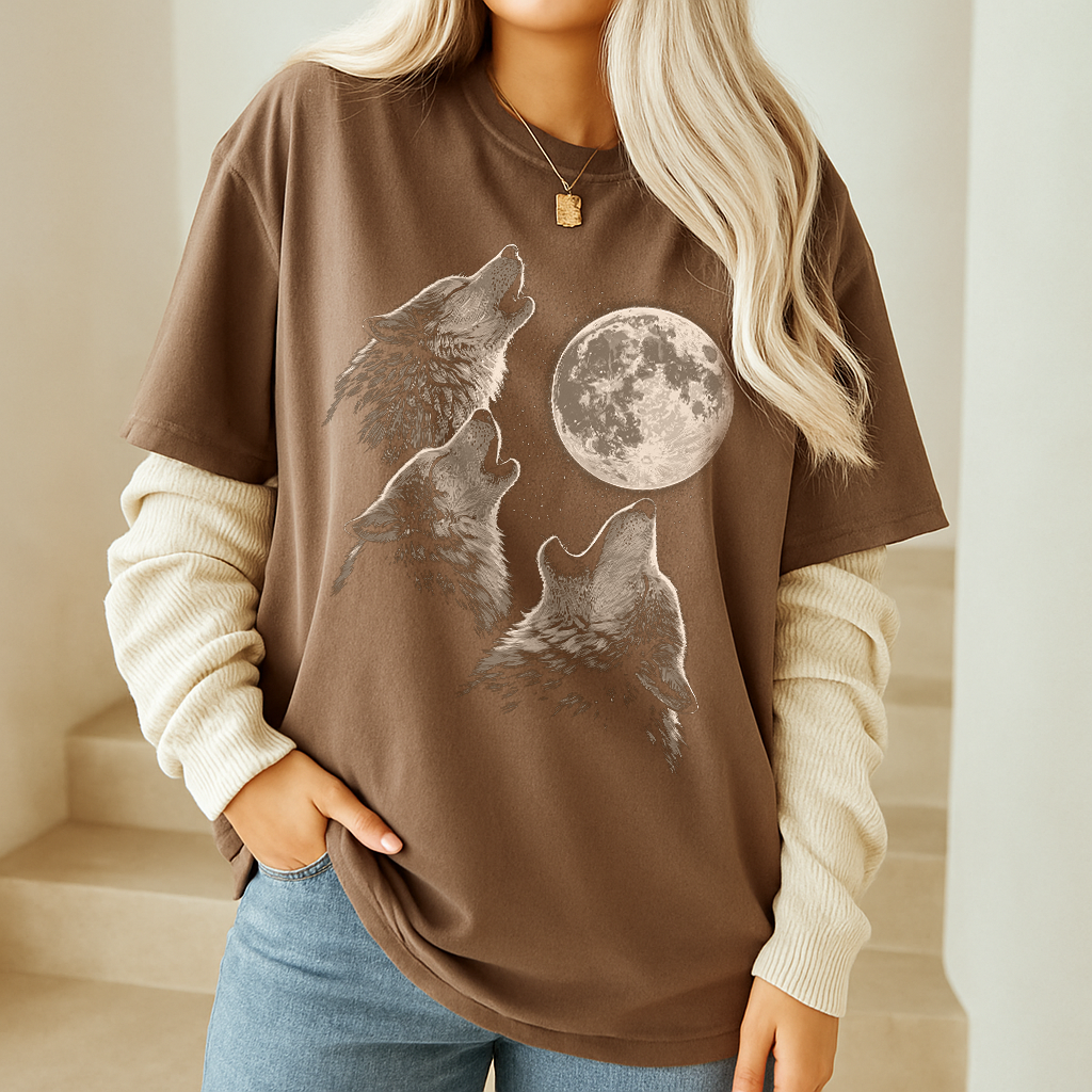 Pepper grey Comfort Colors t-shirt with three howling wolves and moon artwork
