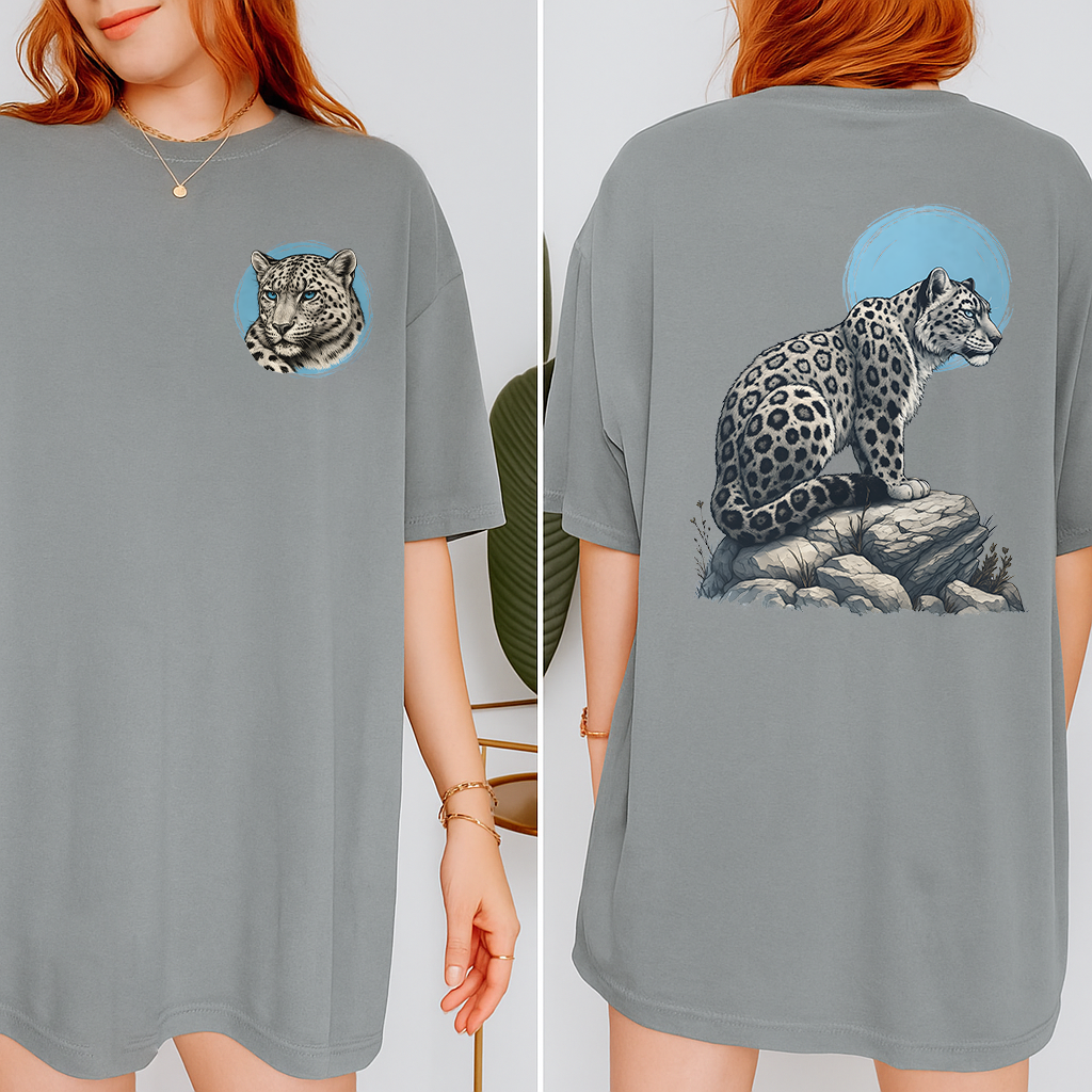 Washed grey leopard shirt with moonlight scene and wildlife print