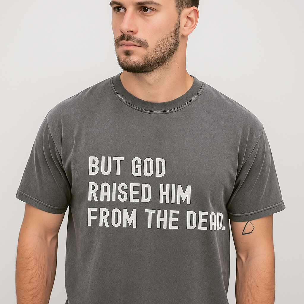 Grey unisex t-shirt with bold scripture message