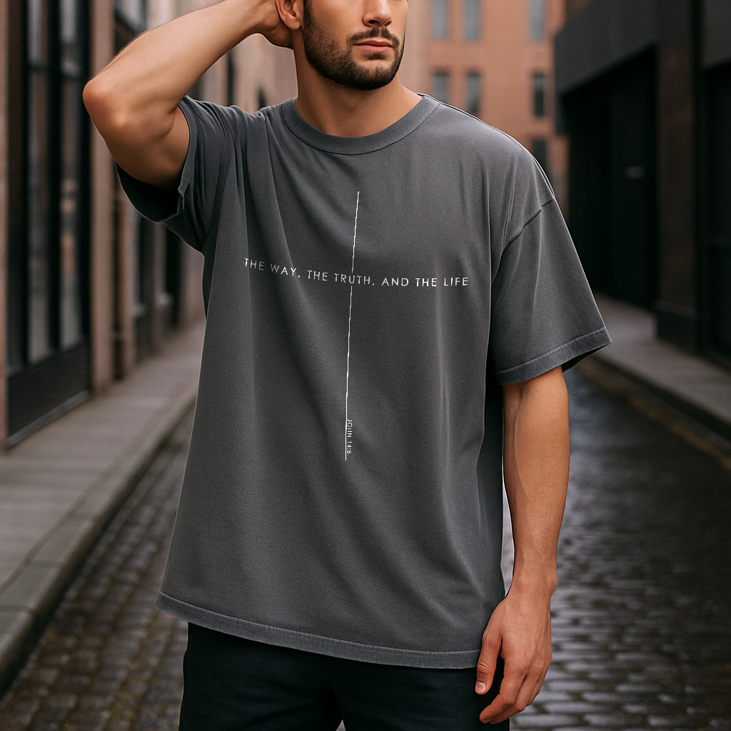 Grey Comfort Colors tee with “The Way, The Truth, and The Life” Bible quote