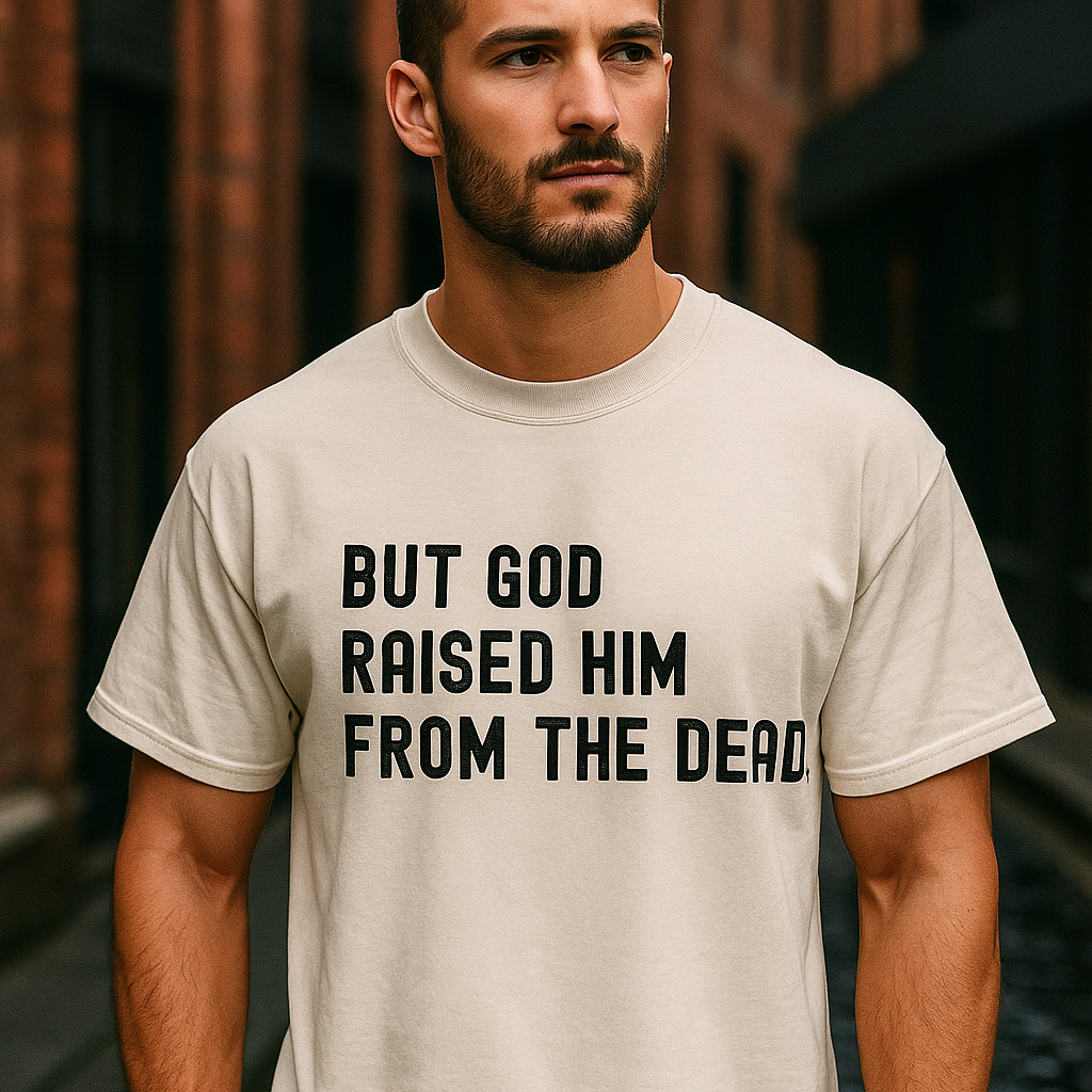 Ivory shirt Christian gift idea with Acts 13:30 quote