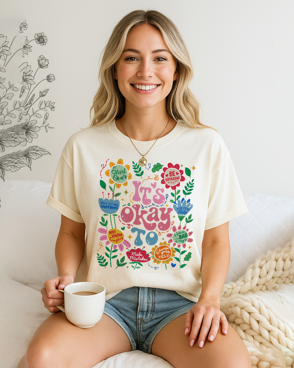 Ivory Comfort Colors 1717 shirt with hand-drawn flower art and emotional growth message