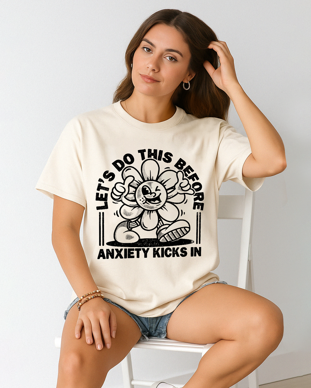 Ivory Comfort Colors 1717 shirt with bold black anxiety quote and vintage art