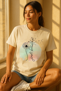 Ivory Comfort Colors shirt with dandelion blowing in the wind and “just breathe” mental health quote.