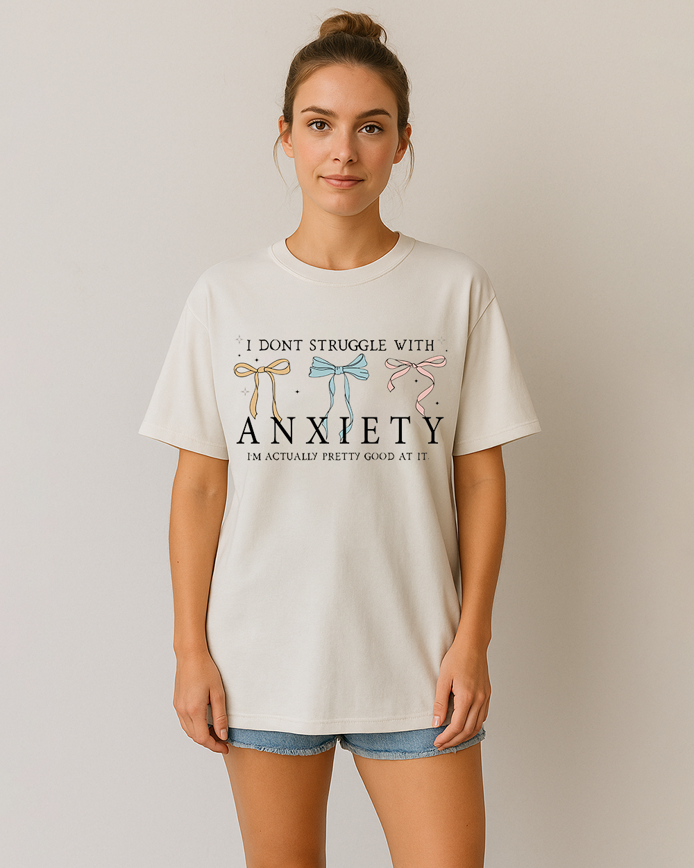 Ivory Comfort Colors 1717 shirt with coquette-style bow design and sarcastic anxiety saying