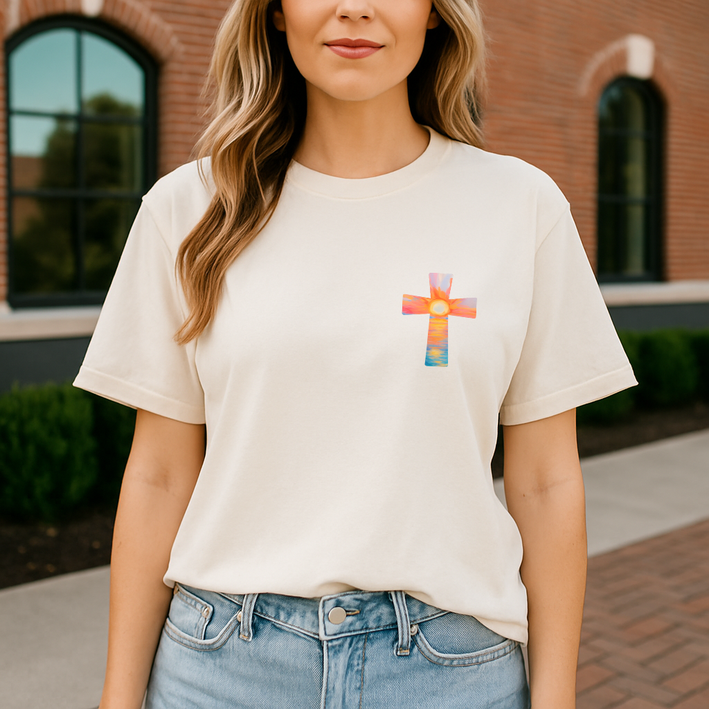 His Mercies Are New tee with pastel sunrise artwork, Christian inspiration