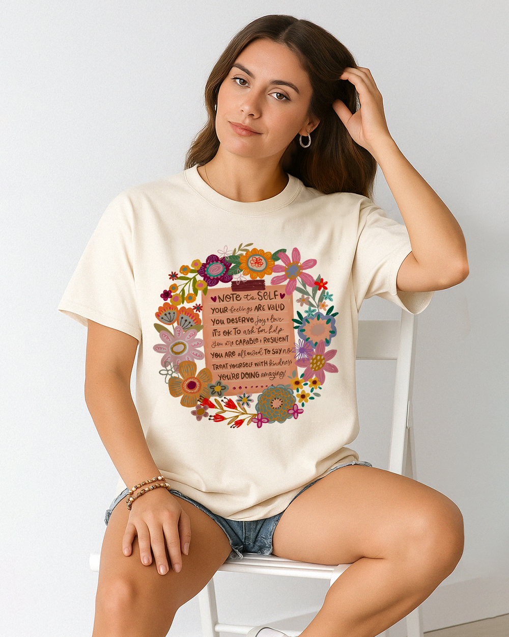 Ivory Comfort Colors 1717 shirt with colorful boho floral and empowering mental health message