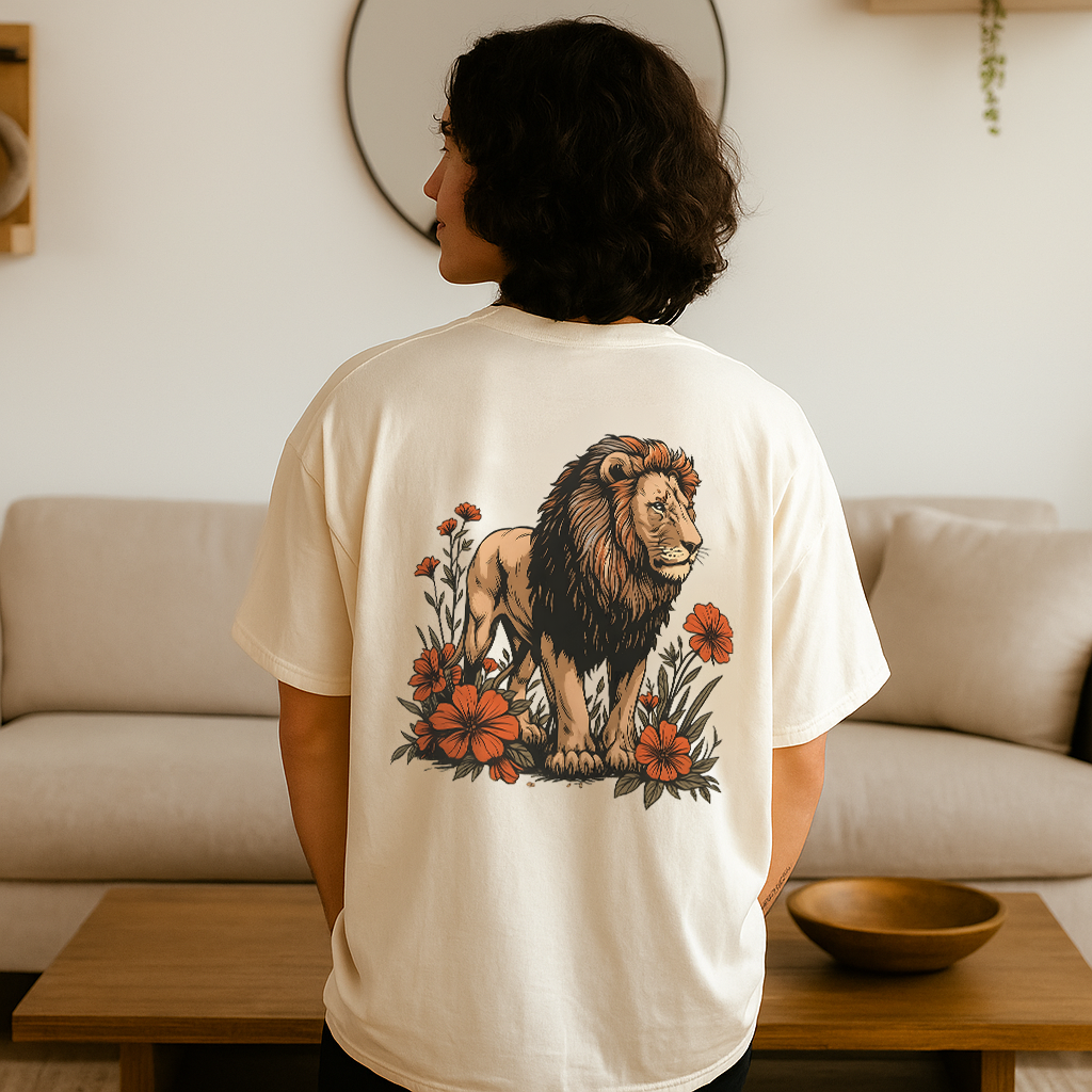 Warm off-white shirt with floral lion design