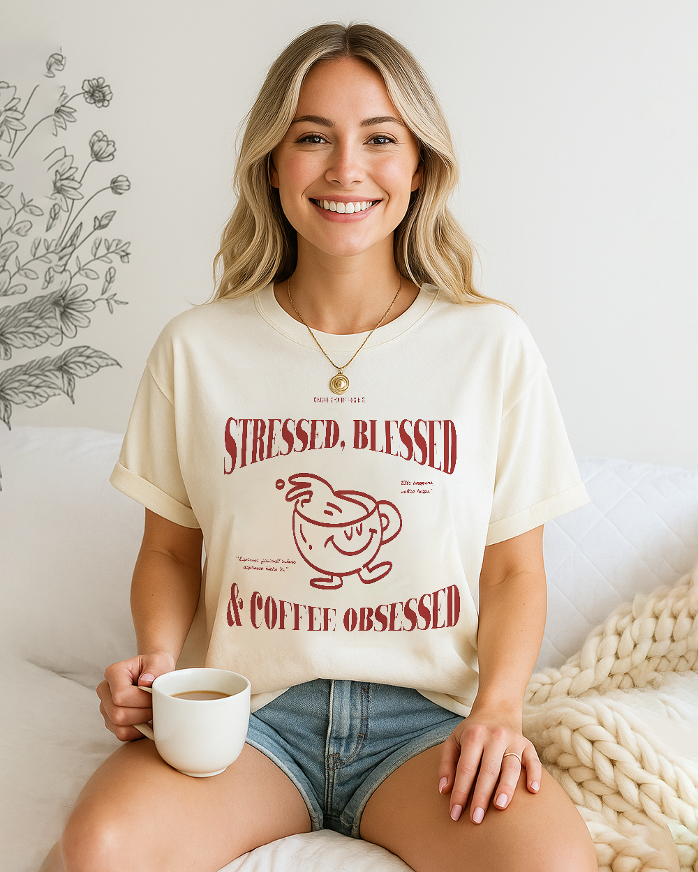 Comfort Colors 1717 shirt with “Stressed Blessed & Coffee Obsessed” retro coffee mug print
