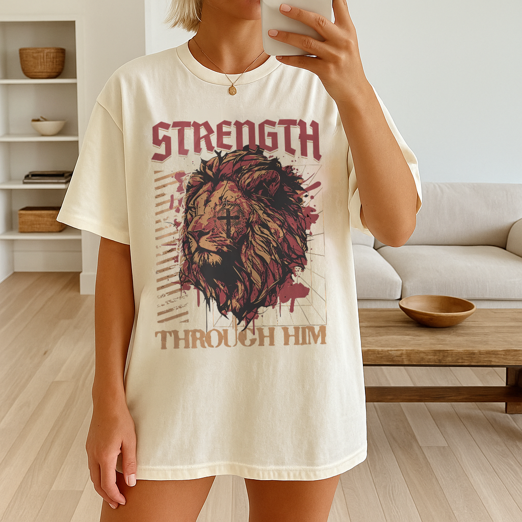 Woman indoors wearing ivory faith-based lion t-shirt – Comfort Colors style