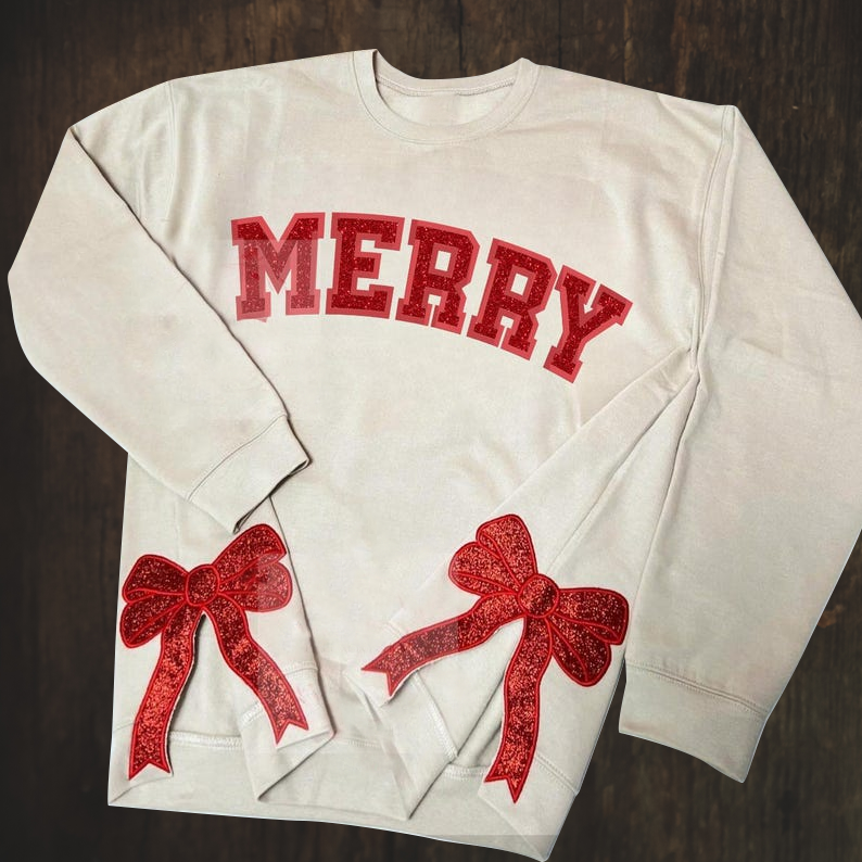 Merry Side Bow Cut-Out Sweatshirt with Glitter | Preppy Christmas Bow Appliqué Holiday Sweatshirt for Women