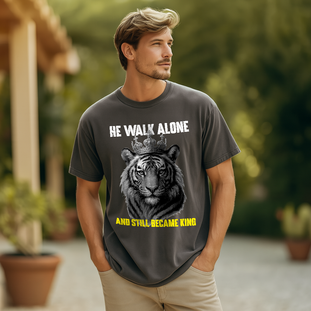 He Walk Alone King Tee, Vintage Comfort Colors 1717 Graphic Tiger Shirt for Men & Women, Bold Comfort Color Shirt for Alpha Vibes