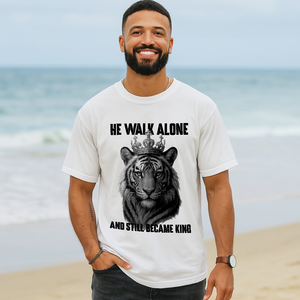 He Walk Alone King Tee, Vintage Comfort Colors 1717 Graphic Tiger Shirt for Men & Women, Bold Comfort Color Shirt for Alpha Vibes