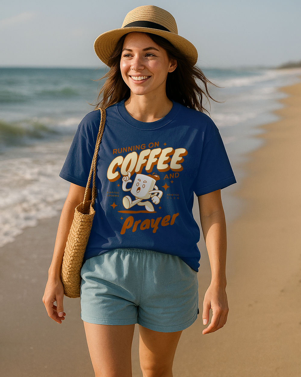 Midnight Comfort Colors 1717 shirt with spiritual caffeine graphic and bold lettering