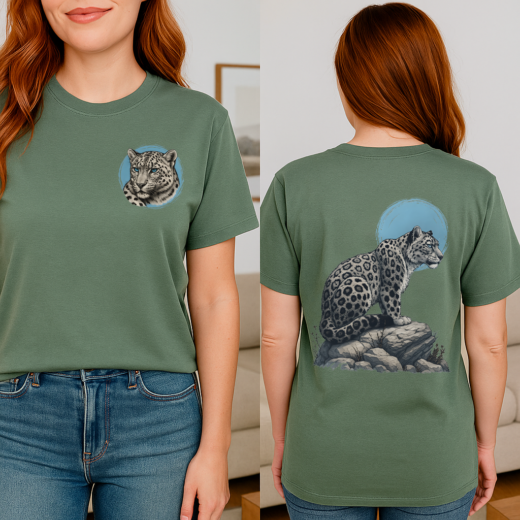 Forest green nature-themed leopard shirt with rugged back graphic