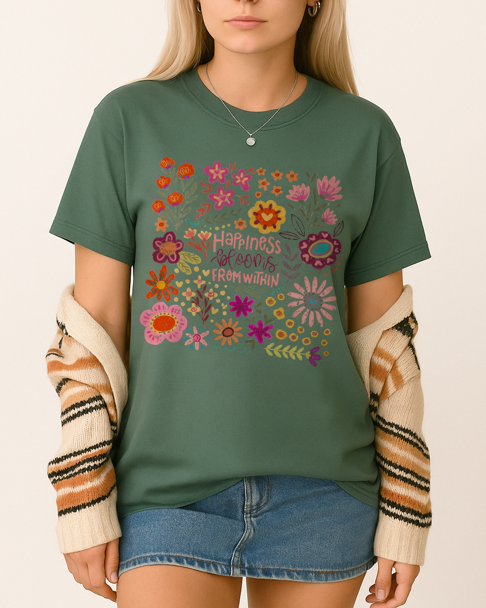 Earth-toned moss green shirt worn with denim; bold floral design and quote promote mental wellness.