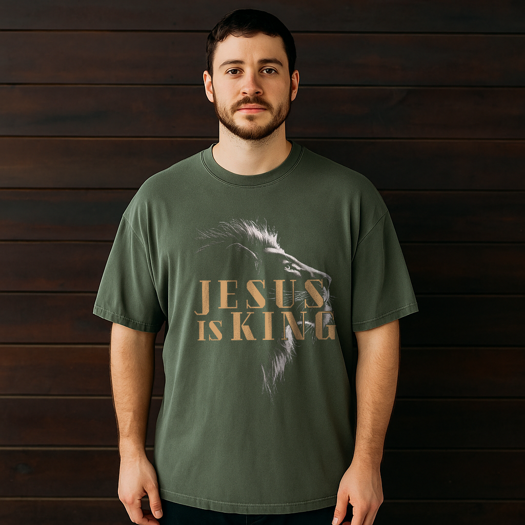 Christian T-Shirt in Moss – Jesus Is King with Lion Artwork