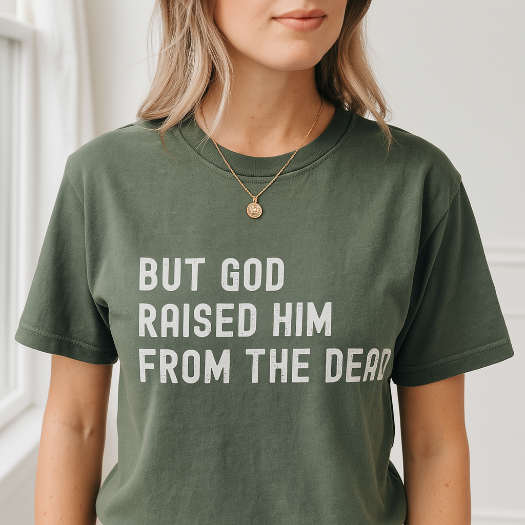 Moss green religious t-shirt with raised by God design