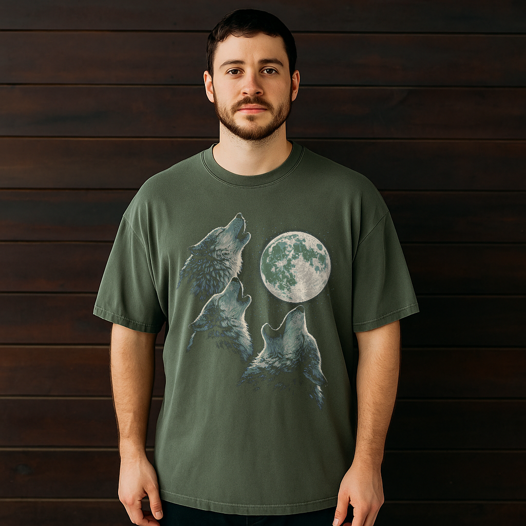 Moss green Comfort Colors shirt with vintage wolf and moon graphic