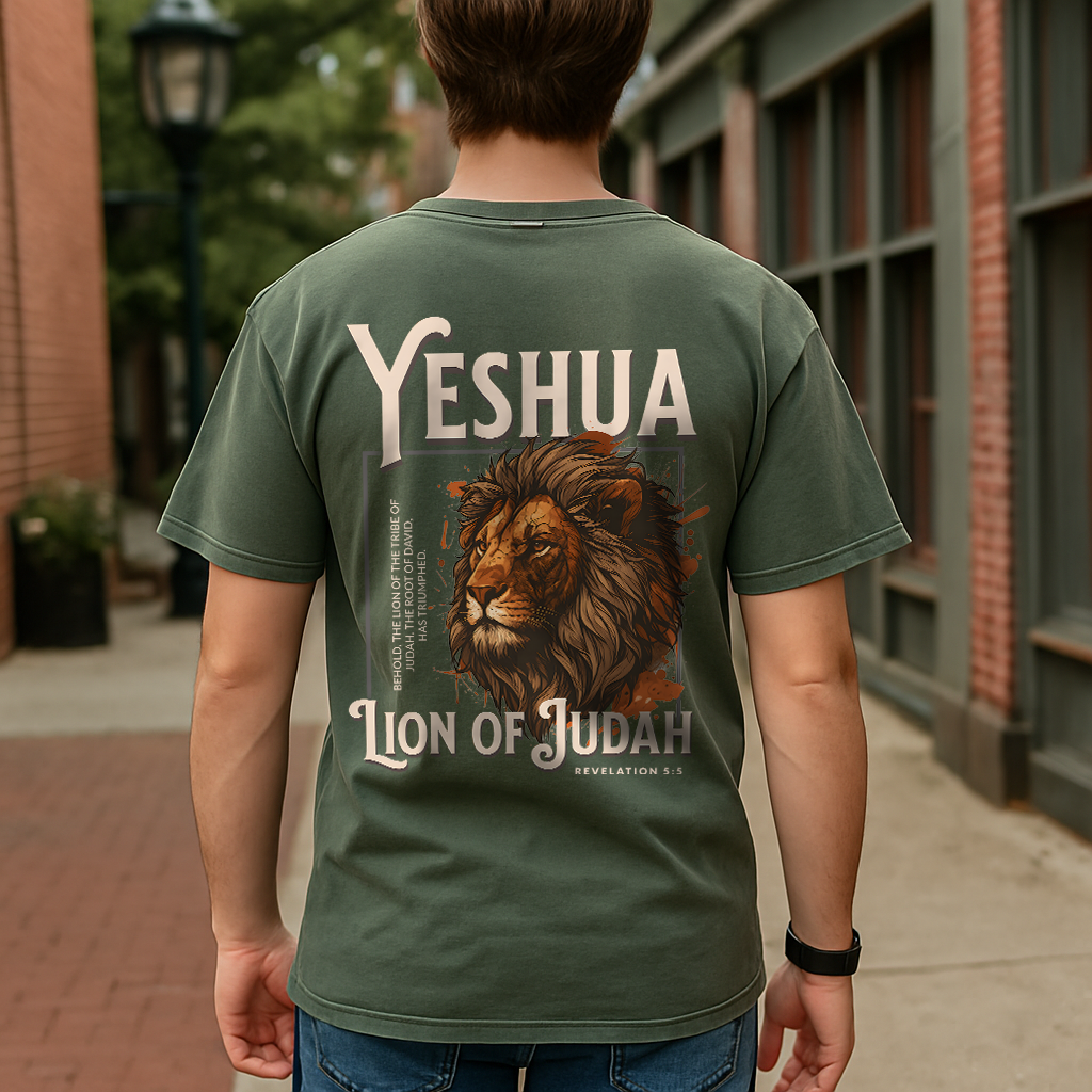 Man wearing moss green Yeshua shirt, showcasing lion and cross-themed design