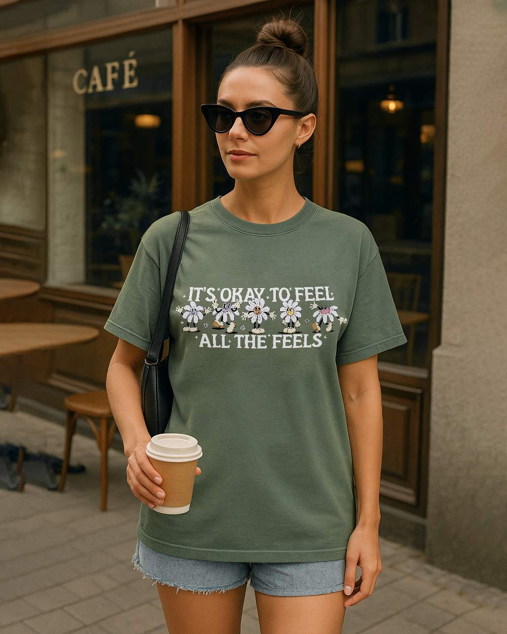 Moss green Comfort Colors shirt with feel-your-feelings daisy design.
