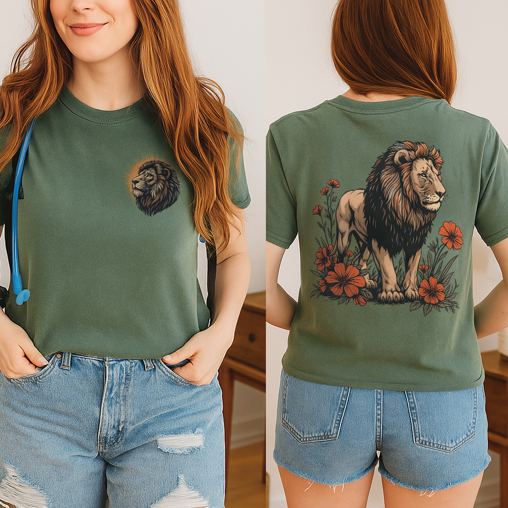 Natural green lion shirt inspired by safari wilderness