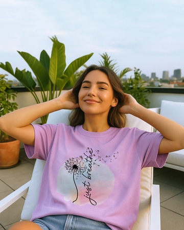 Orchid purple Comfort Colors t-shirt with watercolor background and mindful breathing message.