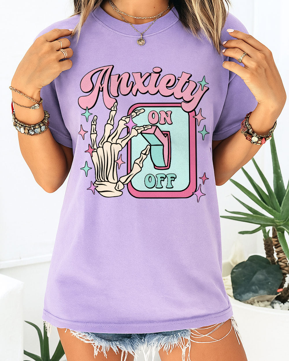Orchid Comfort Colors 1717 shirt with pastel cartoon anxiety switch and cute gothic aesthetic