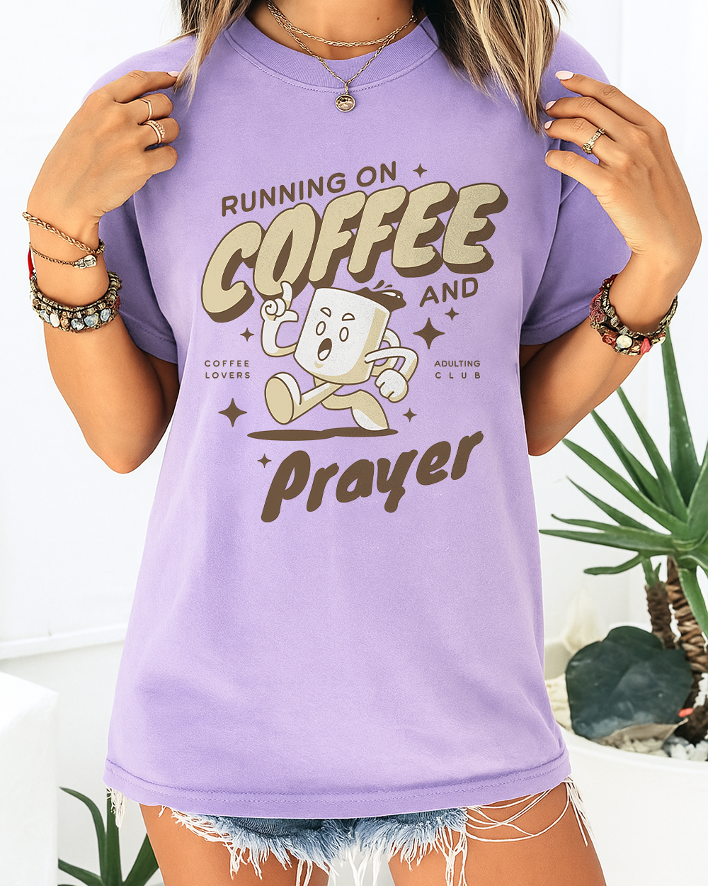 Orchid Comfort Colors 1717 shirt with faith-based coffee lover quote and playful pastel style