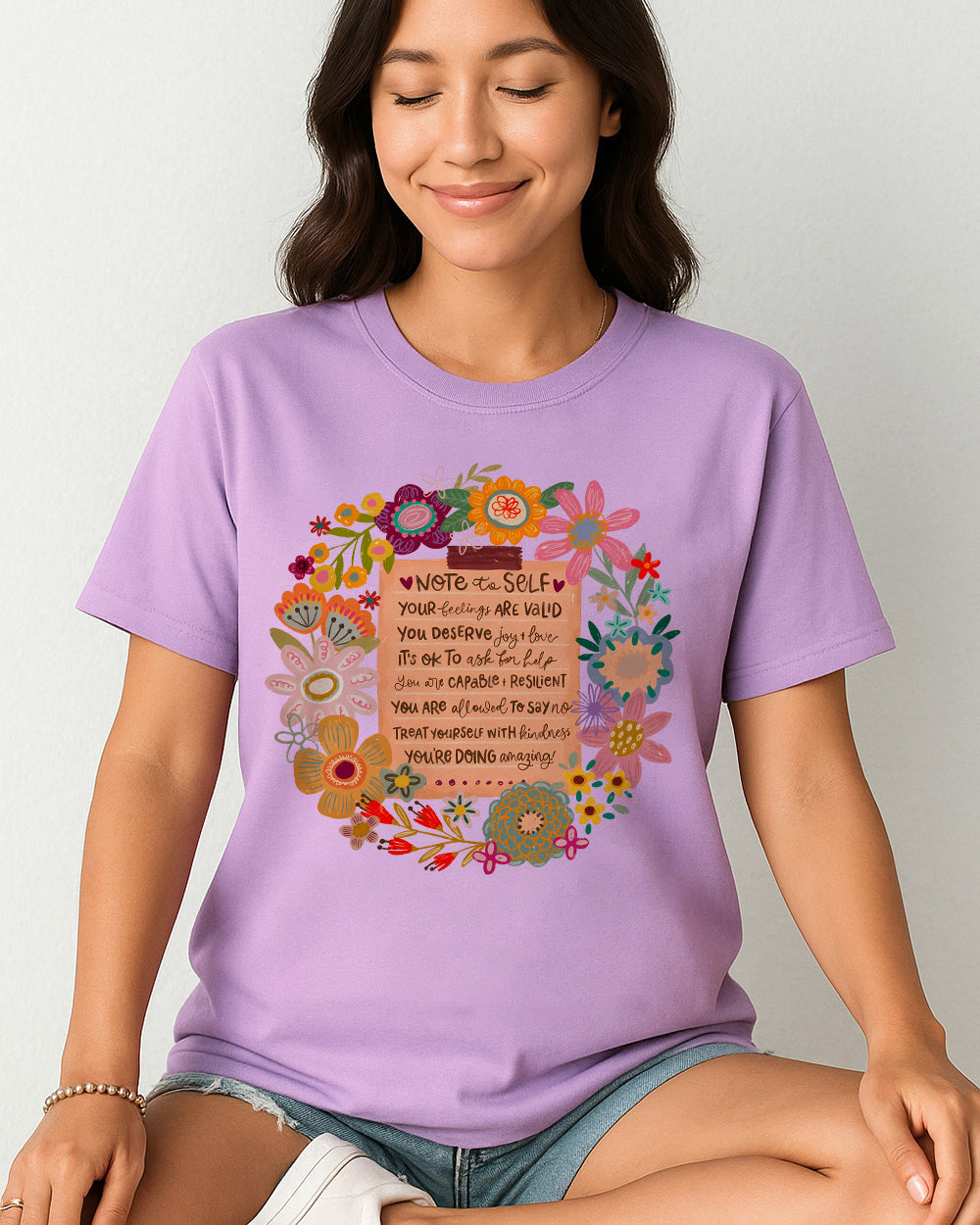 Orchid Comfort Colors 1717 shirt with pastel florals and gentle reminder mental wellness text
